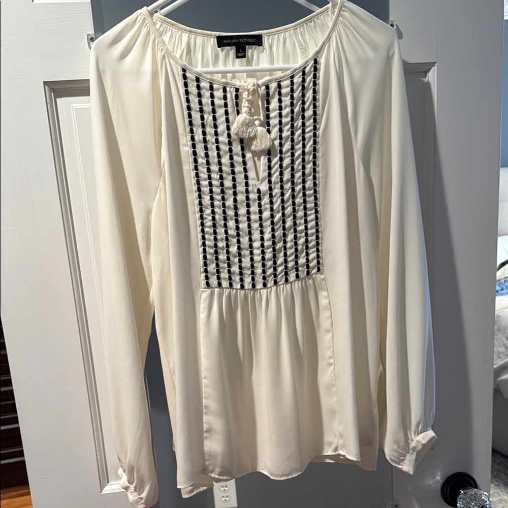 Banana Republic Cream Smocked Blouse with Tie Front